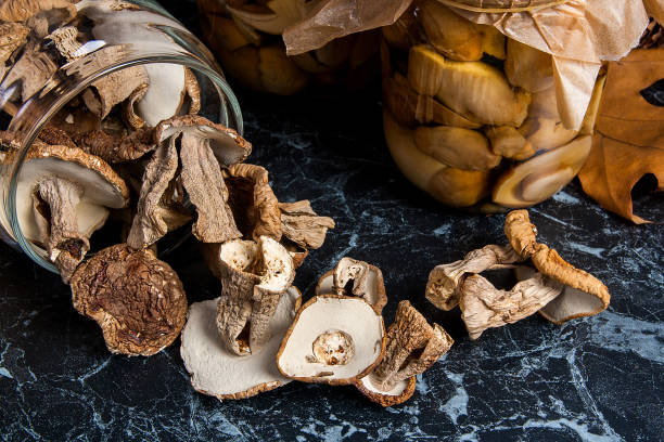 istock Two glass jars with wild mushrooms on black marble background. 640220410