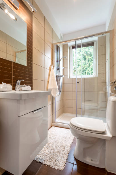 istock Small bathroom interior with glazed shower 640221586