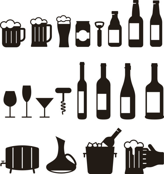 illustrations, cliparts, dessins animés et icônes de jeu d’icônes de boisson de bière et de vin, illustration vectorielle - carafe decanter glass wine