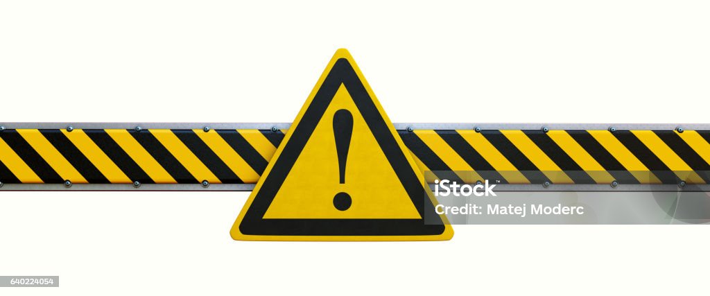 Simple Security Barrier With Warning Sign Isolated On White Frontal view on a simple security barrier with a warning exclamation sign, isolated on pure white background. The image is suited for further compositing and derivation. Forbidden Stock Photo