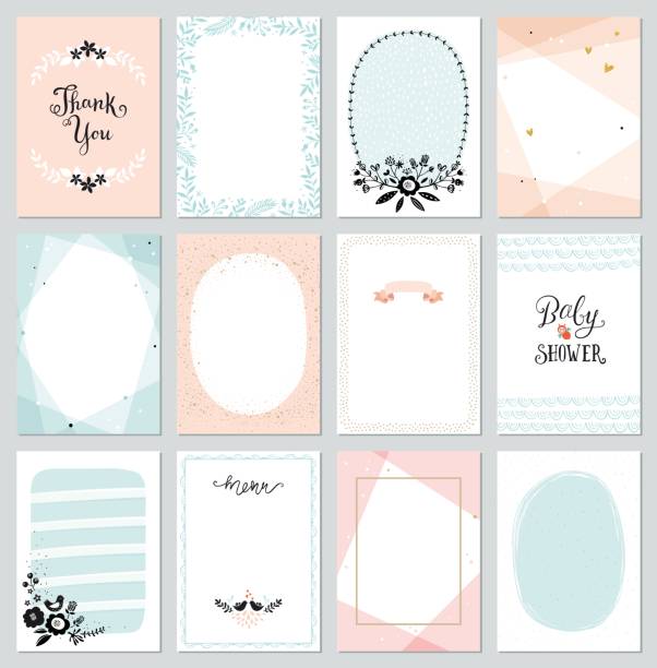 Universal Cards Templates Contemporary universal cards templates. Geometric, oval, rectangular, dots and decorative frames and borders. Floral wreaths and branches, birds and flowers. Design for invitations, posters, placards, brochures and flyers. baby shower stock illustrations