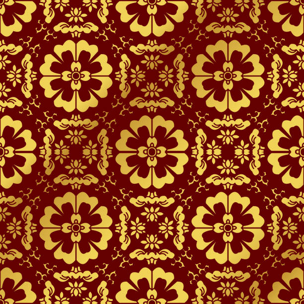 istock Seamless Golden Chinese Background Cross Spiral Round Flower Kaleidoscope 640225528