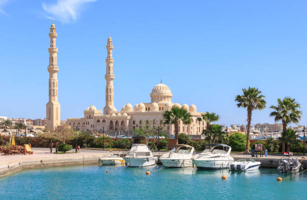 Hurghada, Egypt - April 23, 2014: Mosque El Mina Masjid in Hurghada in sunny day, view from the sea.