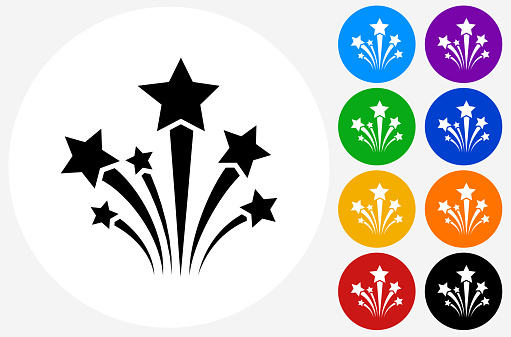 Stars Icon on Flat Color Circle Buttons. This 100% royalty free vector illustration features the main icon pictured in black inside a white circle. The alternative color options in blue, green, yellow, red, purple, indigo, orange and black are on the right of the icon and are arranged in two vertical columns.