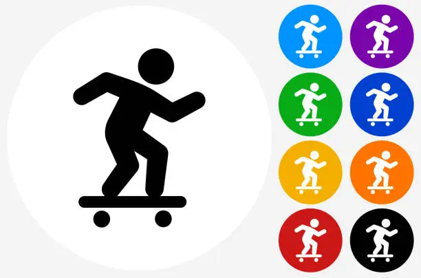 Vector illustration of Skateboarding Icon on Flat Color Circle Buttons