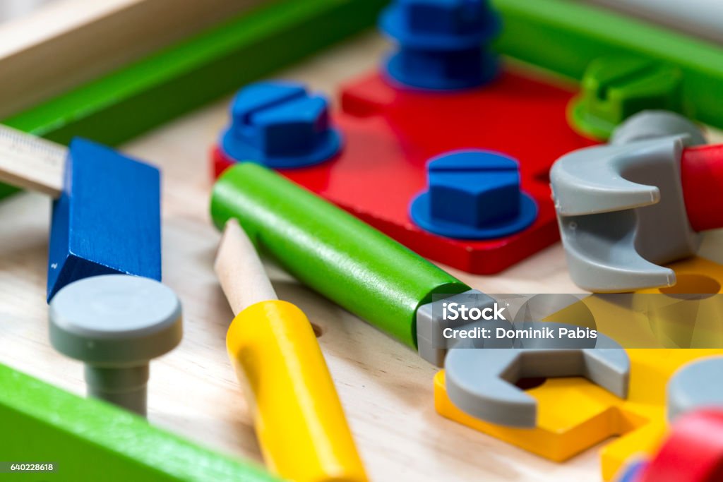 Close-up of colorful wooden workshop for children, boys Close-up of colorful wooden workshop for children, especially for boys. Close-up Stock Photo