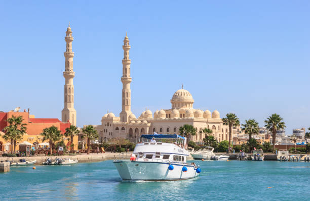 Hurghada, Egypt - April 23, 2014: Mosque El Mina Masjid in Hurghada in sunny day, view from the sea.