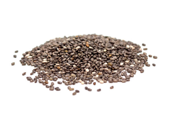 istock Heap of chia seeds isolated on white background, side view 640231590