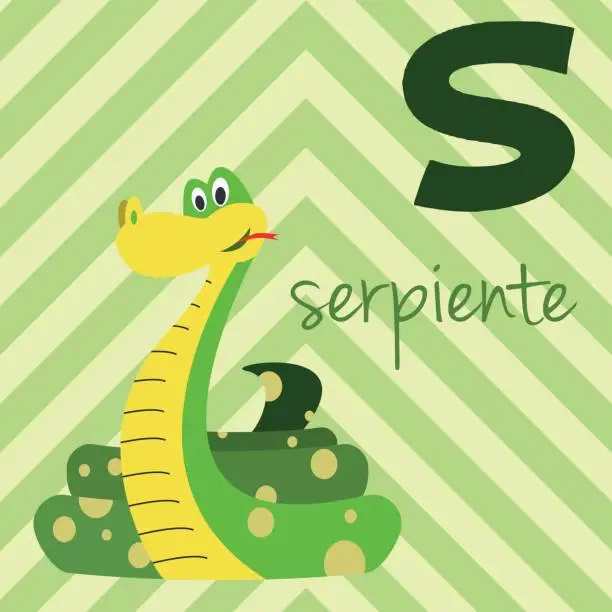 Vector illustration of Cartoon zoo alphabet with animals. Spanish name: S for Serpiente