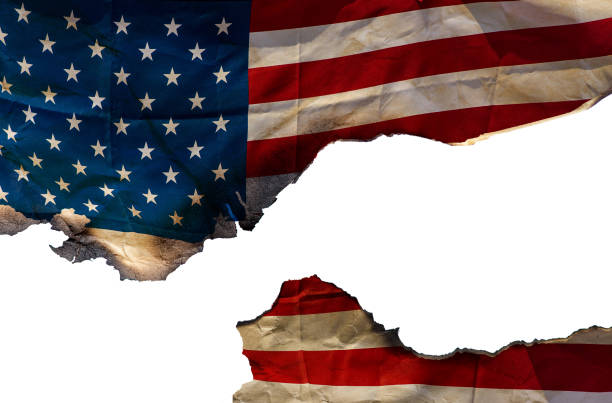 istock Burning American flag on the white background, texture 640232748