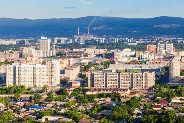 istock Krasnoyarsk aerial panoramic view 640234358