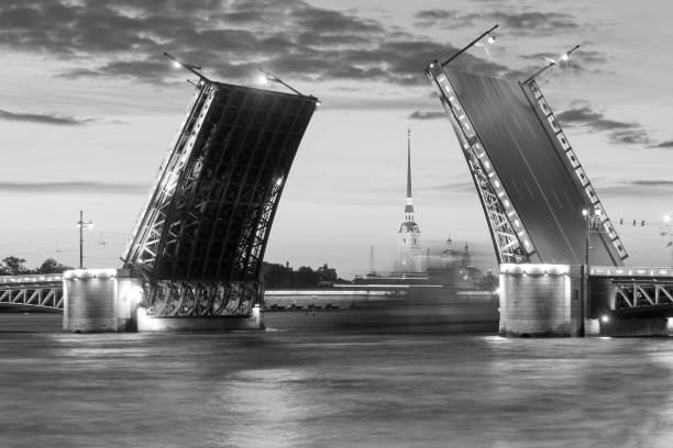 istock The raised Palace bridge at white nights , black-and-white image 640234688