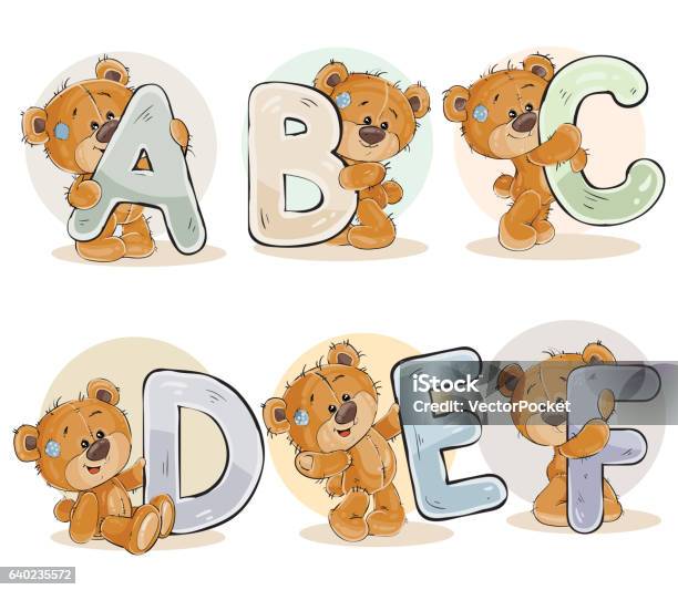 Set Vector Letters Of The English Alphabet With Funny Teddy Stock Illustration - Download Image Now