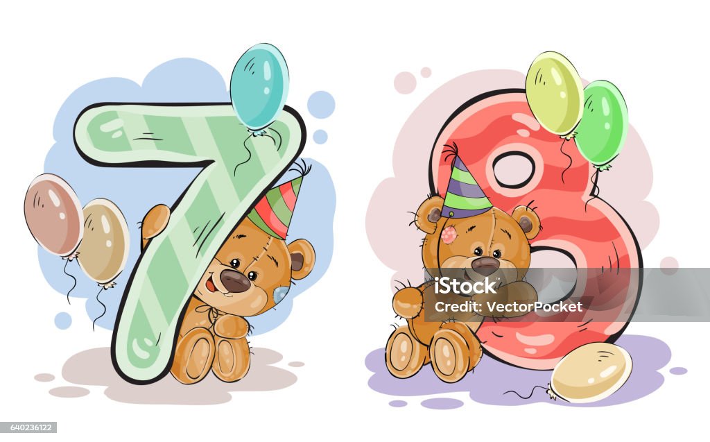 Vector set of numbers with a fun teddy bear Vector set of numbers being in the legs in a fun teddy bears, template greeting card for a birthday child. Part three - the numbers 7, 8 Animal stock illustration