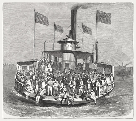 Steam ferry ship on the Hudson River in New York. Wood engraving, published in 1865.