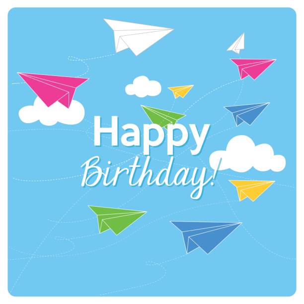 illustrations, cliparts, dessins animés et icônes de papier origami coloré avion voler dans un ciel bleu - birthday airplane sky anniversary