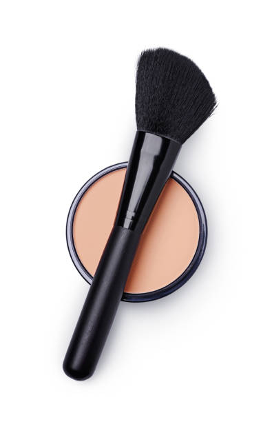 polvo facial y cepillo de maquillaje negro - make up brush face powder make up isolated fotografías e imágenes de stock