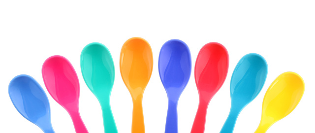 Here are eight colorful plastic spoons.