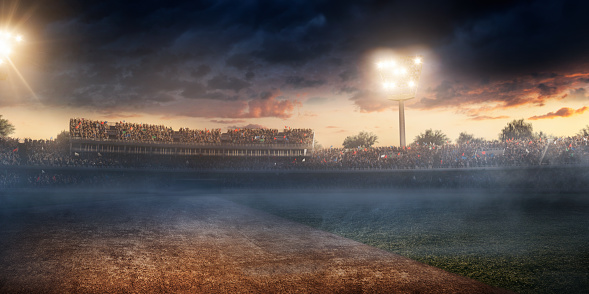 Cricket stadium full of people under nasty weather