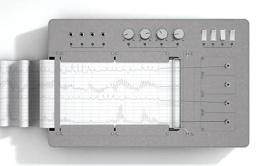 A 3D render of a polygraph lie detector machine drawing red lines on graph paper