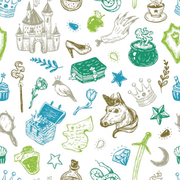 Fairy Tale, Pattern. Hand drawn vector pattern with elements from fairy tale. Fantasy, magic elements. Castle, unicorn, potions. wrongdoer stock illustrations