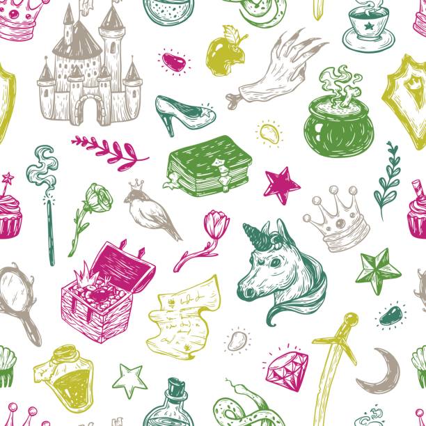 Fairy Tale, Pattern. Hand drawn vector pattern with elements from fairy tale. Fantasy, magic elements. Castle, unicorn, potions. wrongdoer stock illustrations