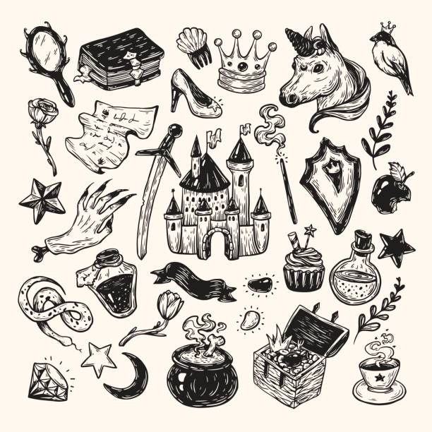 Fairy Tale, Set. Hand drawn vector set with elements from fairy tale. Fantasy, magic elements. Castle, unicorn, potions. wrongdoer stock illustrations