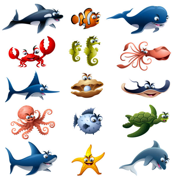 illustrazioni stock, clip art, cartoni animati e icone di tendenza di personaggi di sea animals - happy dolphin