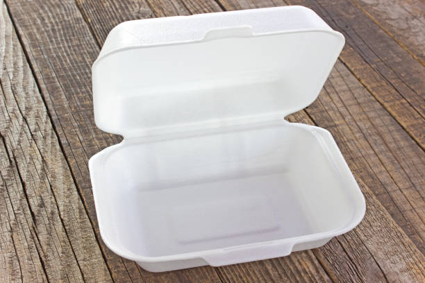 istock Styrofoam box for food on wooden table 640243580