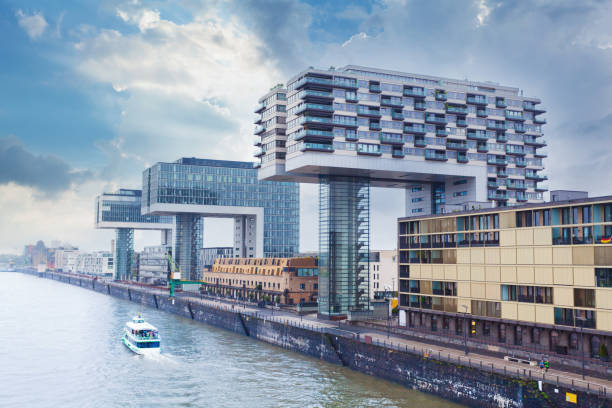 istock Modern business center on blue sky background in Cologne, Germany 640243862