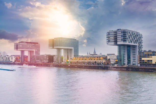 istock Modern business center on blue sky background in Cologne, Germany 640243926