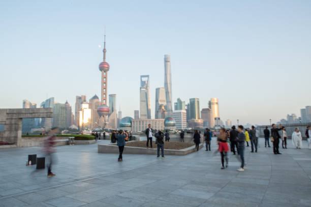 Shanghai, China. January 7, 2025. Panoramic aerial view from Oriental Pearl Tower of Huangpu River in city center
