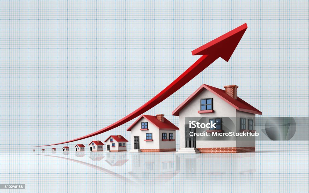 Miniature Houses on  Blue Graph Paper High quality 3d render of miniature houses on a blue graph paper. Housing market concept. Miniature houses are lit by the upper left corner of composition. A red arrow in the composition is symbolizing  a sharp increase in sales. Vertical composition with copy space. Great use for real estate and morgage related concepts. Growth Stock Photo