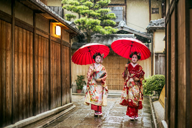 Geishas holding red umbrellas during rainy season Full length of young maikos holding red umbrellas during rainy season. Beautiful geisha girls wearing traditional dress called kimono. They are walking on wet street. kyoto city photos stock pictures, royalty-free photos & images