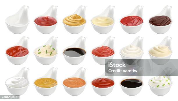 Satz Von Verschiedenen Saucen Isoliert Auf Weiß Stockfoto und mehr Bilder von Schüssel - Schüssel, Sahne, Mayonnaise