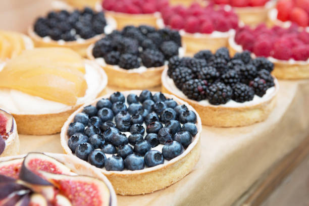 istock Closeup of fig tart dessert tray assorted 640254448