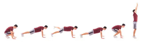 Jack Burpee. Young man doing sport exercise.