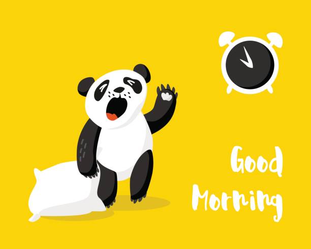 ilustraciones, imágenes clip art, dibujos animados e iconos de stock de tarjeta de buenos días con despertador y panda. - pillow wake up yawning sleeping