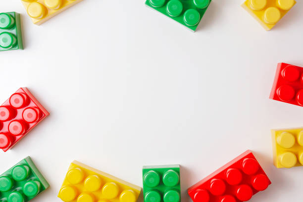 istock Colorful plastic construction blocks on white background as kids toys 640273132