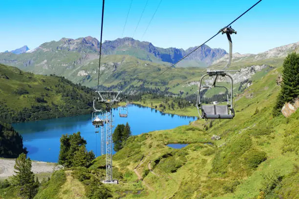 Aerial view of scenic mountain landscape and chairlifts at Engstlen Lake near Engelberg Switzerland on a beautiful summer day.