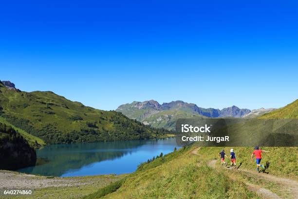 Kids Hiking In The Mountains Stock Photo - Download Image Now - Family, Switzerland, Hiking