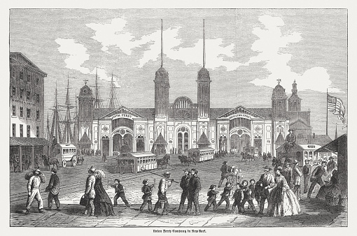 The Ferry house of the Union Ferry Company in New York. Wood engraving, published in 1865.