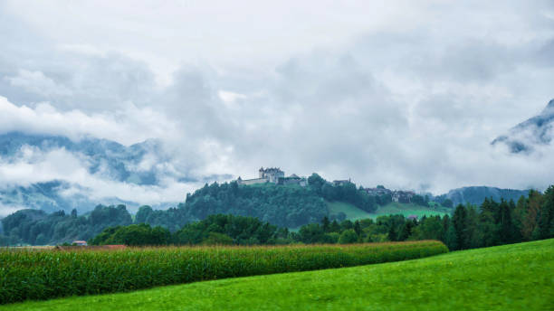 château de gruyeres sur les montagnes des préalpes dans le canton de fribourg en suisse - swiss cheese chalet town dairy product photos et images de collection