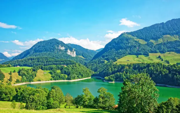 Lake Montsalvens and Prealps mountains in Gruyere district in Canton Fribourg in Switzerland