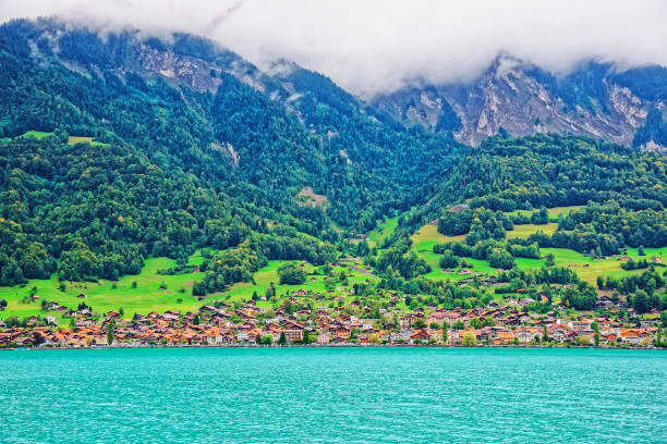 panorama con el lago brienz y la montaña berna suiza de brienzer rothorn - swiss culture chalet brienz european alps fotografías e imágenes de stock