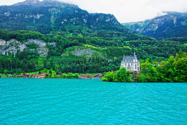 villa sul lago di brienz e brienzer rothorn montagna berna svizzera - swiss culture chalet brienz european alps foto e immagini stock