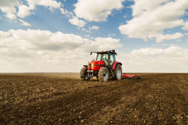 istock Farmer in tractor preparing land with seedbed cultivator. 640284940