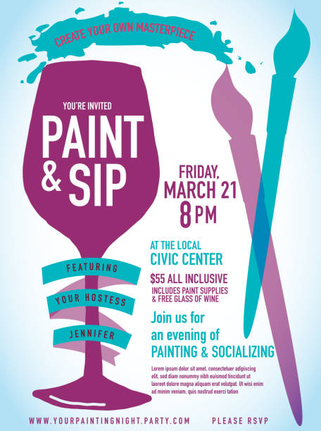 stockillustraties, clipart, cartoons en iconen met paint sip night party invitation with wine glass and brushes - drinking wine