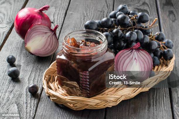 Onion Jam With Grapes In Glass Jars Stock Photo - Download Image Now - Appetizer, Breakfast, Chutney