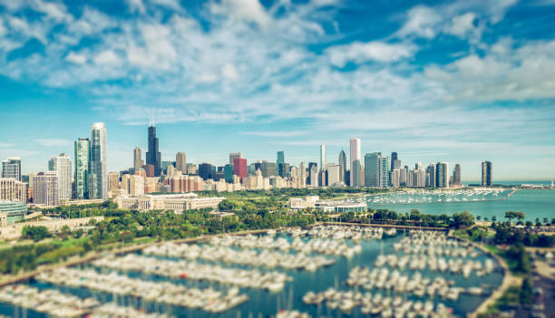 istock Chicago Skyline aerial view, Tilt Shift Effect 640286926